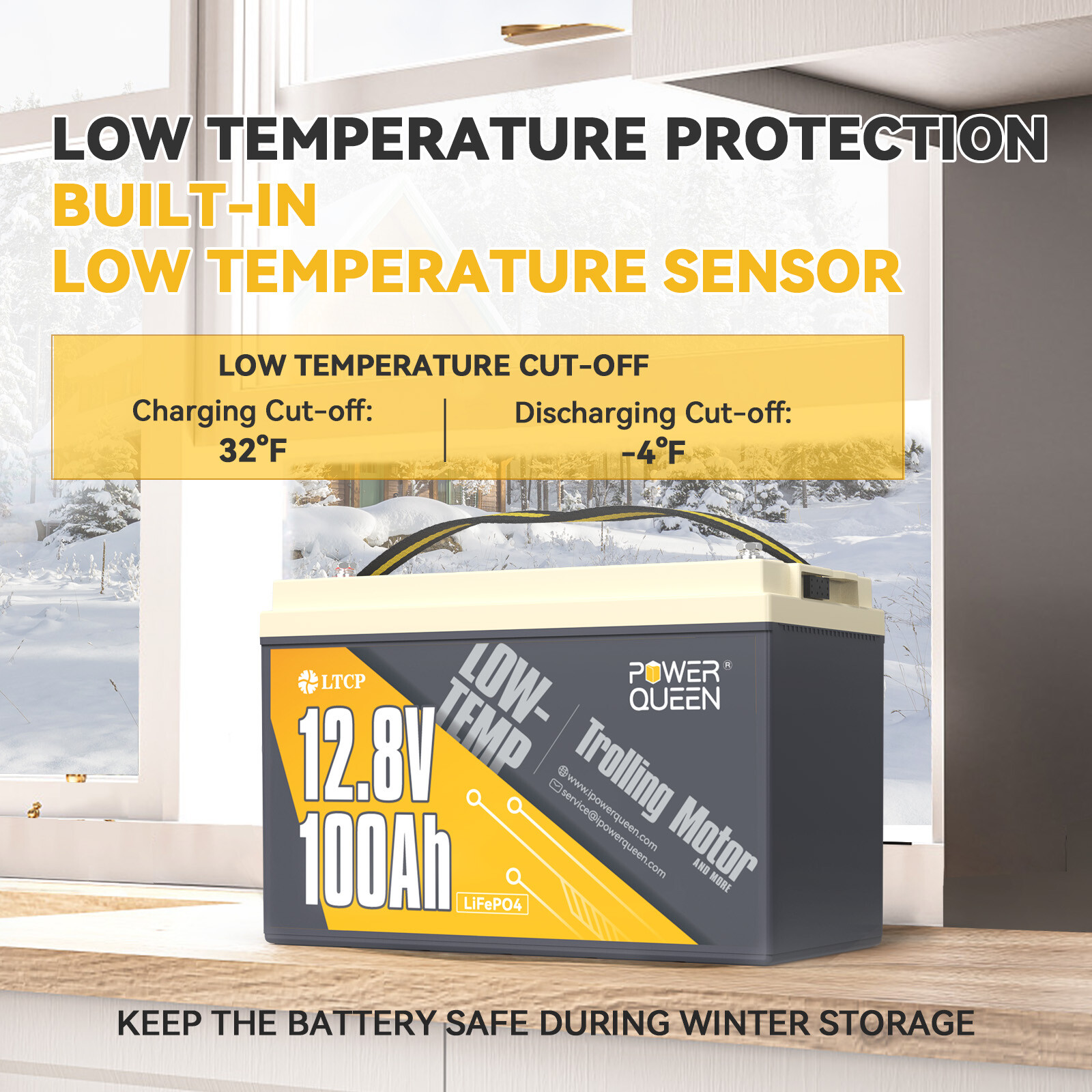 Power Queen 12V 100Ah Low Temp Protection LiFePO4 Battery With 14.6V 20A Charger