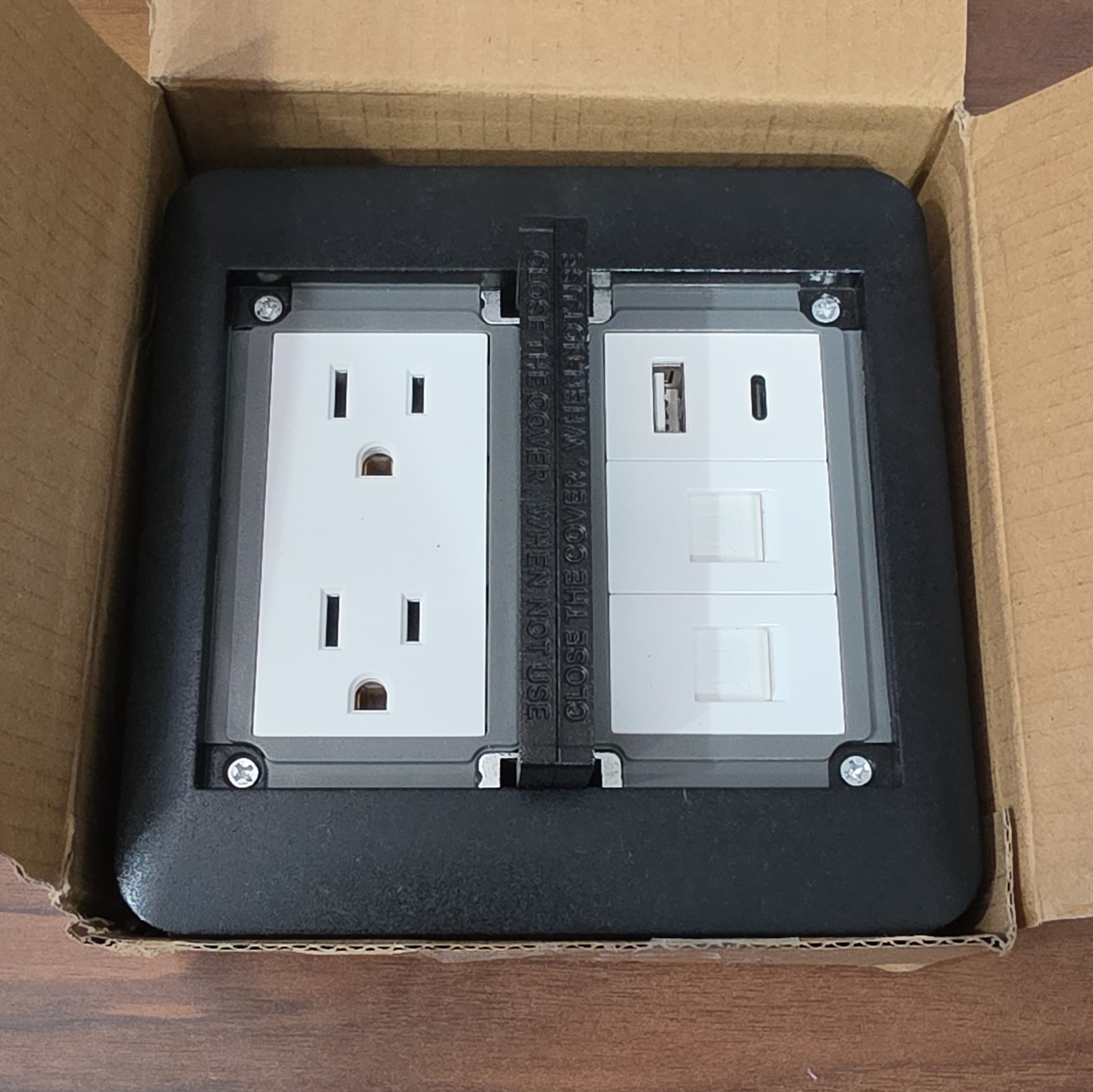 NEW HOOLERY 2-Gang Duplex Floor Outlet Box w/ USB-A, USB-C, and Ethernet Ports