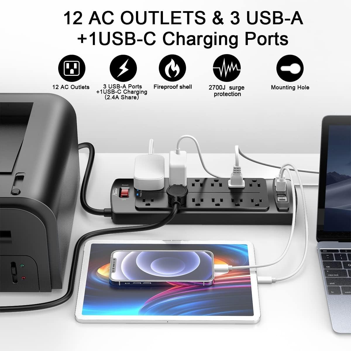Smart Charging 12-Outlet Power Strip & 4 USB Ports – 6 ft, Black, Listed