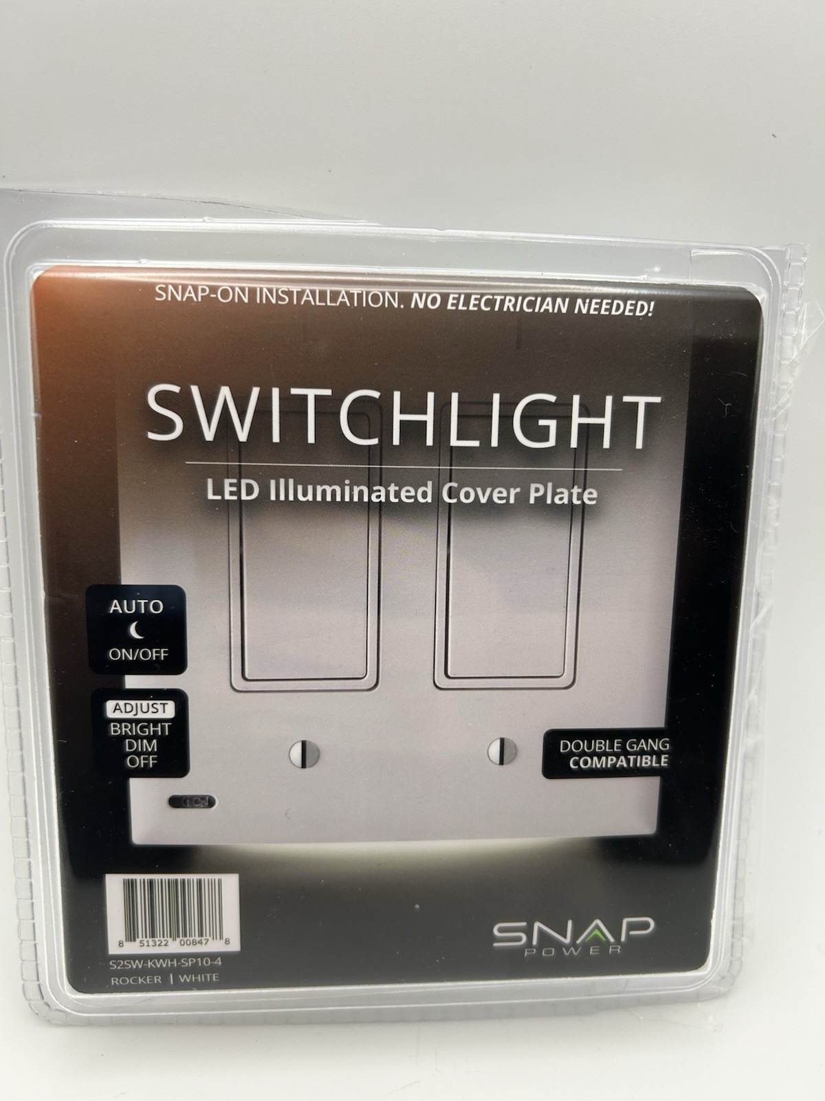 Snap Power SwitchLight Double Gang S2SW-KWH-SP10-4 White LED Illuminated Cover