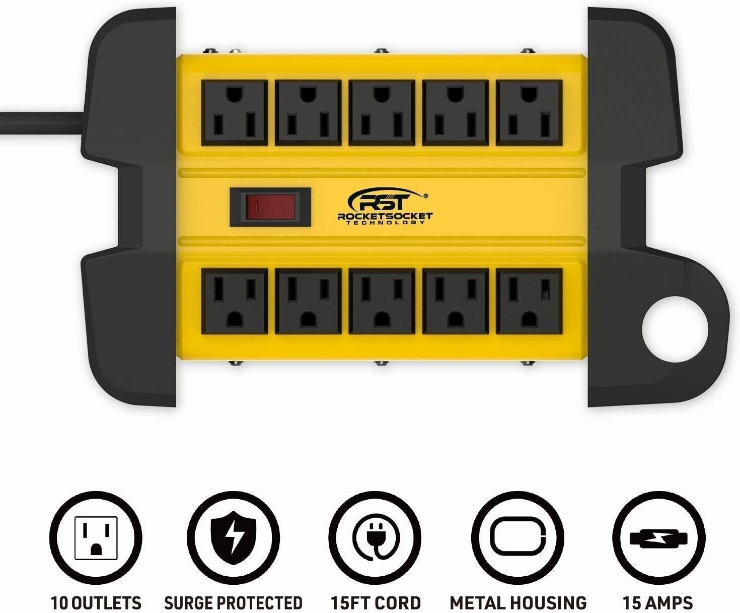 10-Outlet Heavy Duty Power Strip Metal Surge Protector with 15 Amps, 15 Ft cord