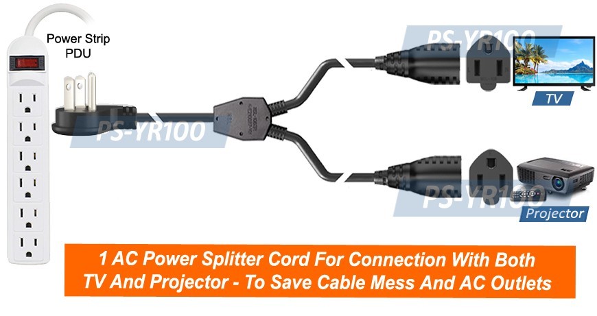 1 In 2 Out AC Power Outlet Splitter Cord Slim Angled Plug 14″ Long 13A 125V Max