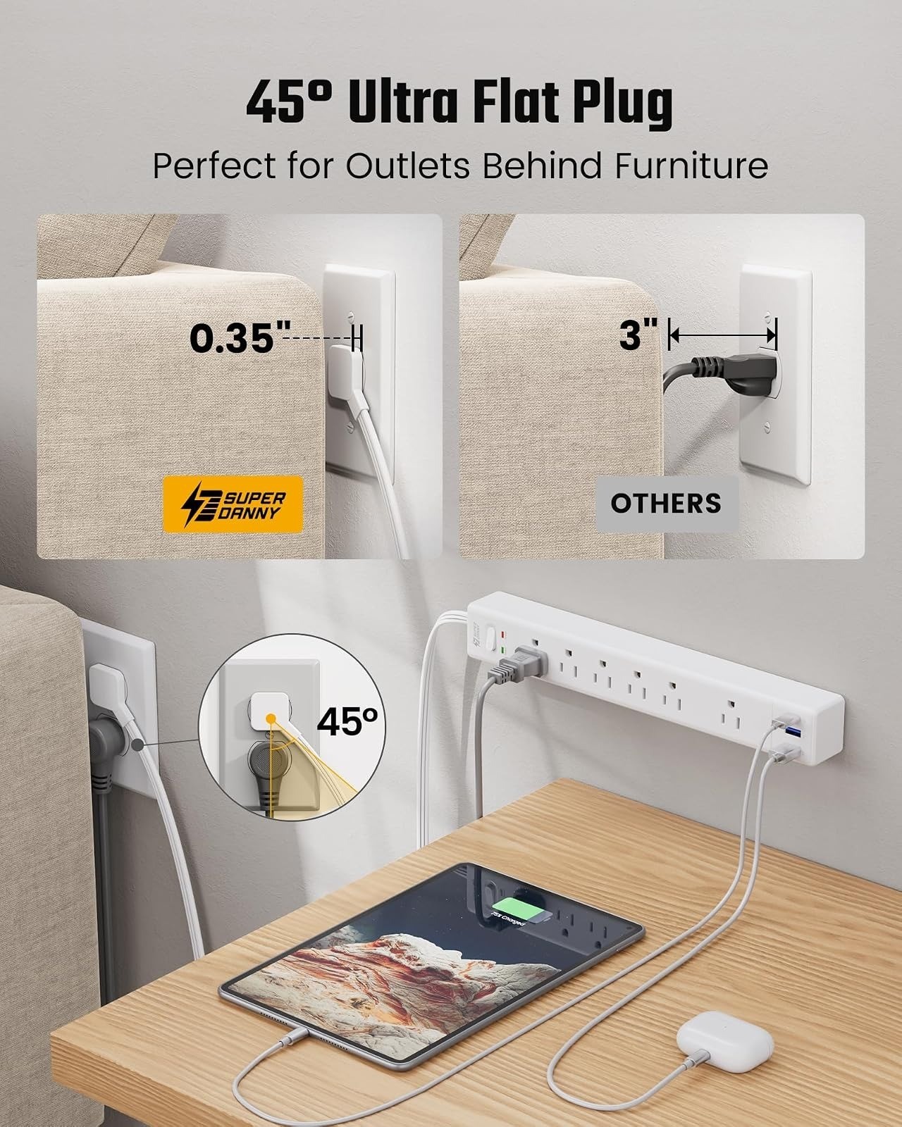 SUPERDANNY 10Ft Surge Protector Power Strip with 6 Outlets & 3 USB Ports