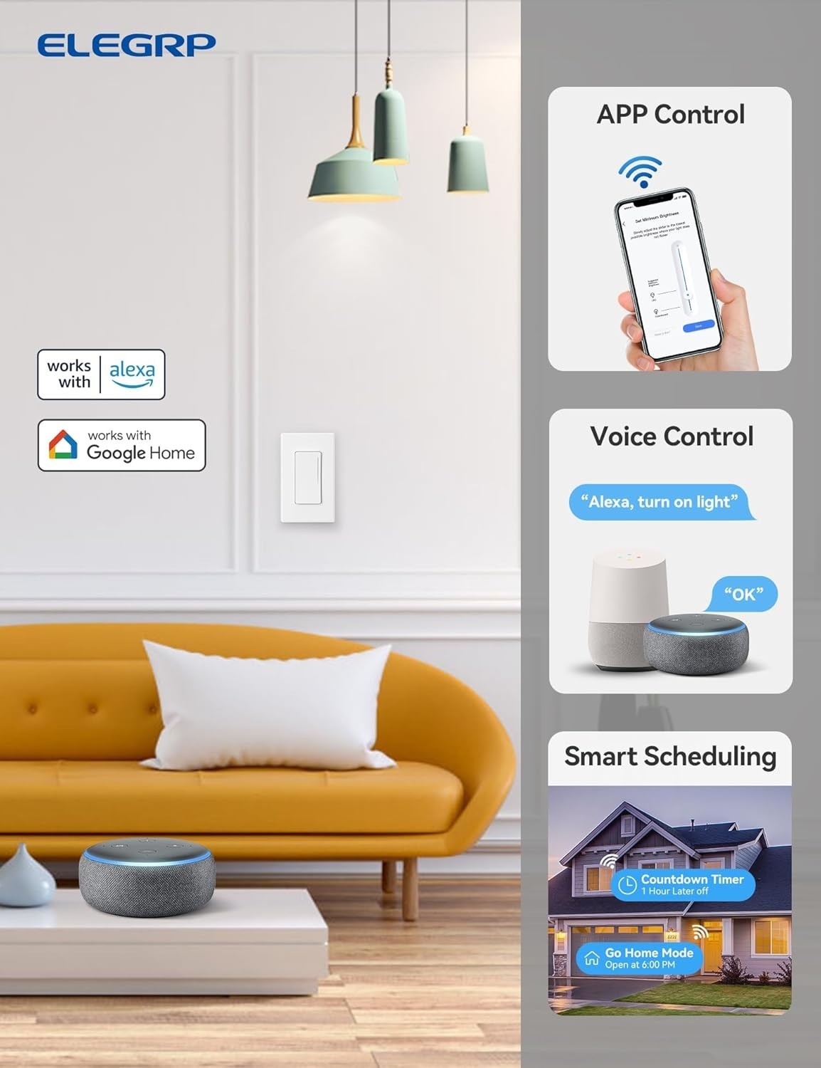 Smart Dimmer Light Switch DTR30, Single Pole or 3 Way, 2.4GHz Wi-Fi Touch Dim…