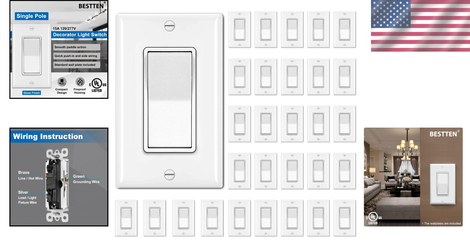 30 Pack Rocker Paddle Light Switches with Wall Plates, Listed, White Elegance