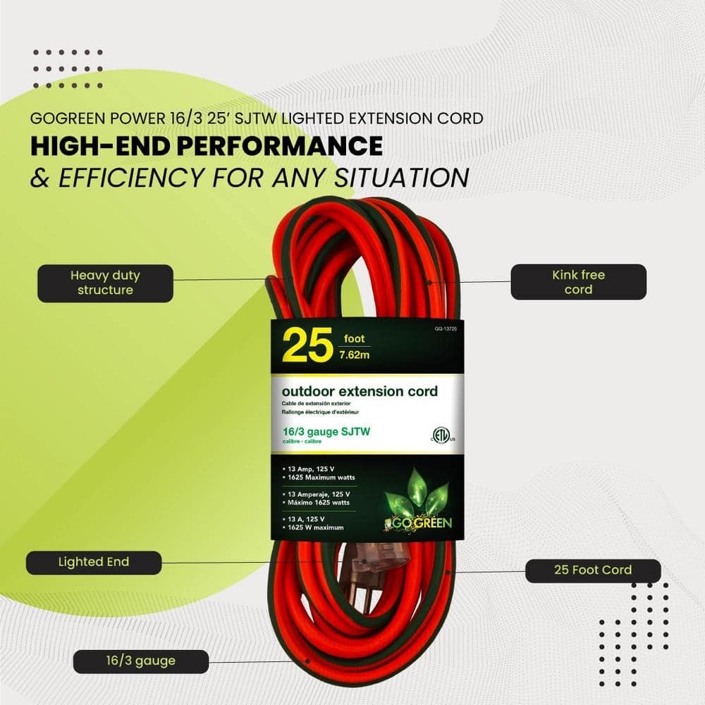 GoGreen Power 25 ft Extension Cord 16/3 SJTW Outdoor Heavy Duty Lighted Ends