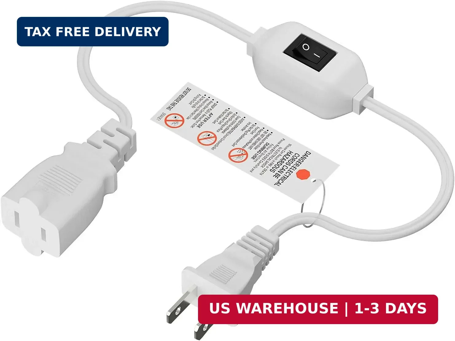 On Off Switch Extension Cord [2-Feet], 2-Prong/2 Outlet Polarized Extension Cord