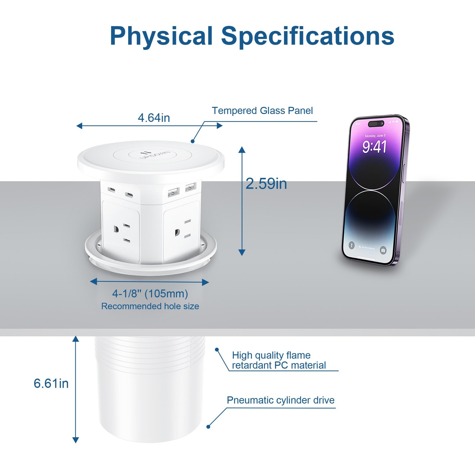9-in-1 Pop-Up Outlet with Wireless Charging – 4 AC & 4 USB Ports,, etc.（2-Pack）