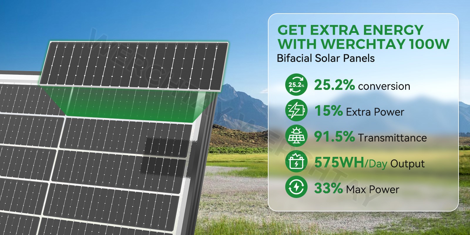 100 Watt Solar Panel Bifacial 12V Home PV Power Off-Grid RV Camper System Carava