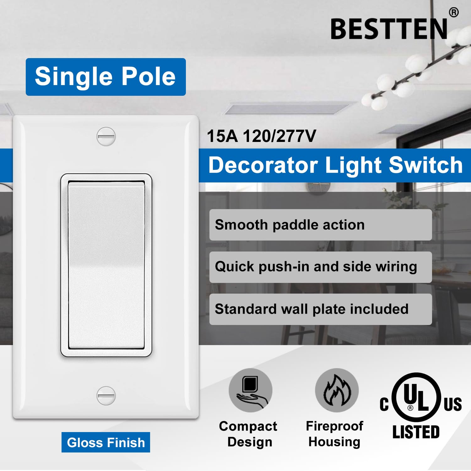 10 Pack Single Pole Decorator Light Switch with Wallplate, 15A 120/277V, Rock…