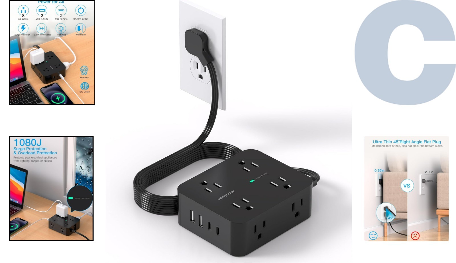 Multi-Device Charging Power Strip: 8 AC Outlets, 4 USB Ports, 1080J Protection