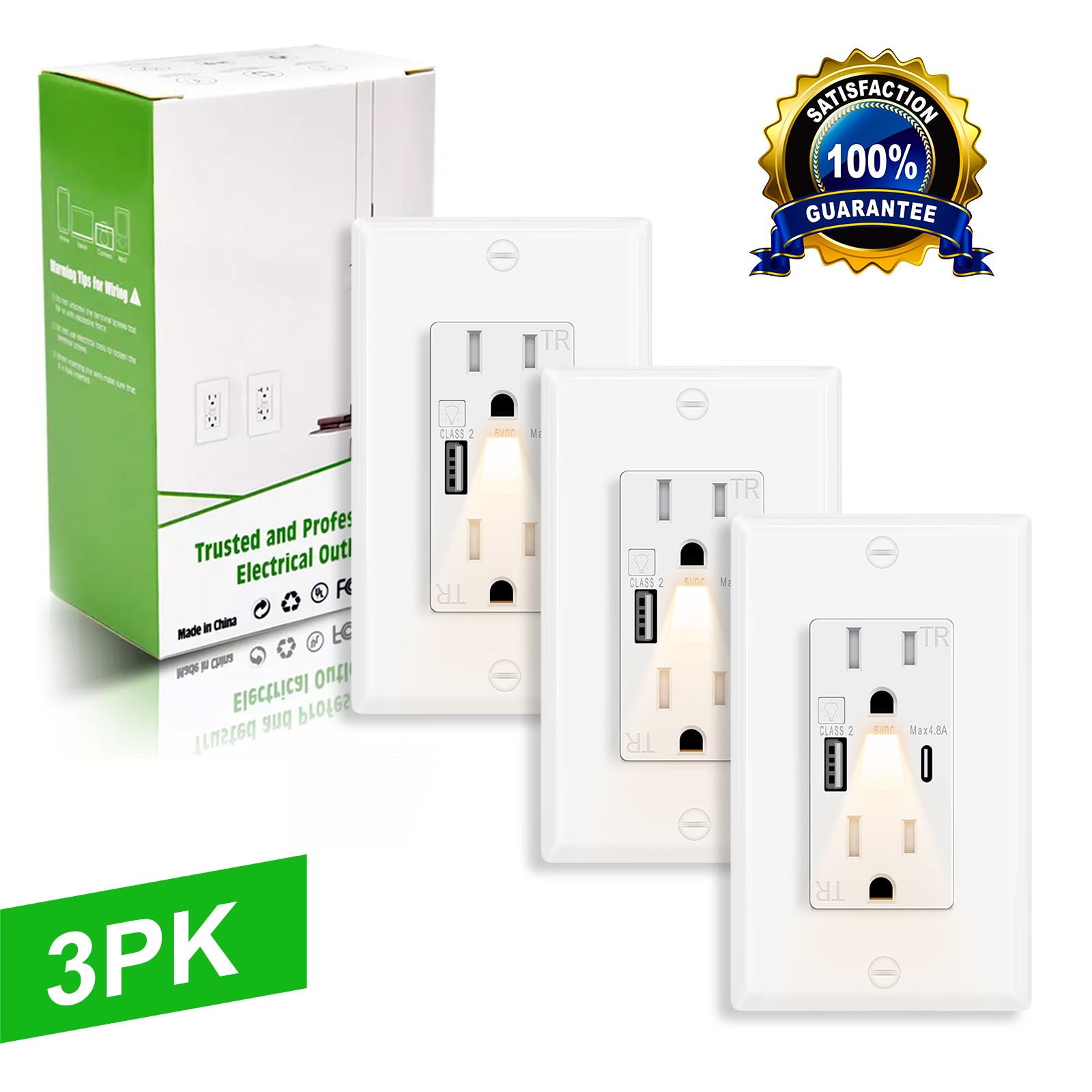 3 packs Night Light 15A High Speed Wall Outlet Tamper-Resistant Wall Plate