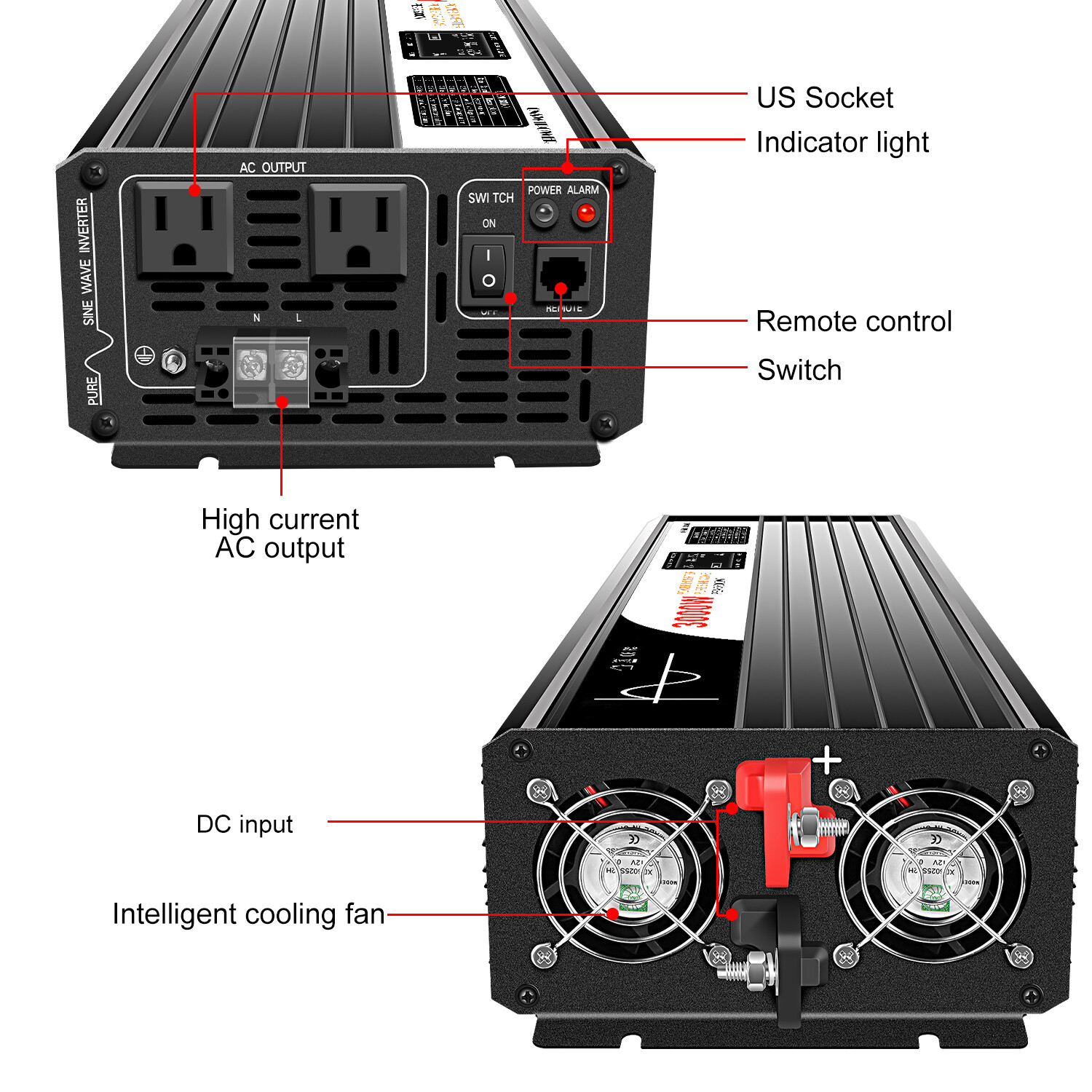 Pure Sine Wave Inverter 72V DC Input 60-90V to 120V AC Output 1500W~5000W