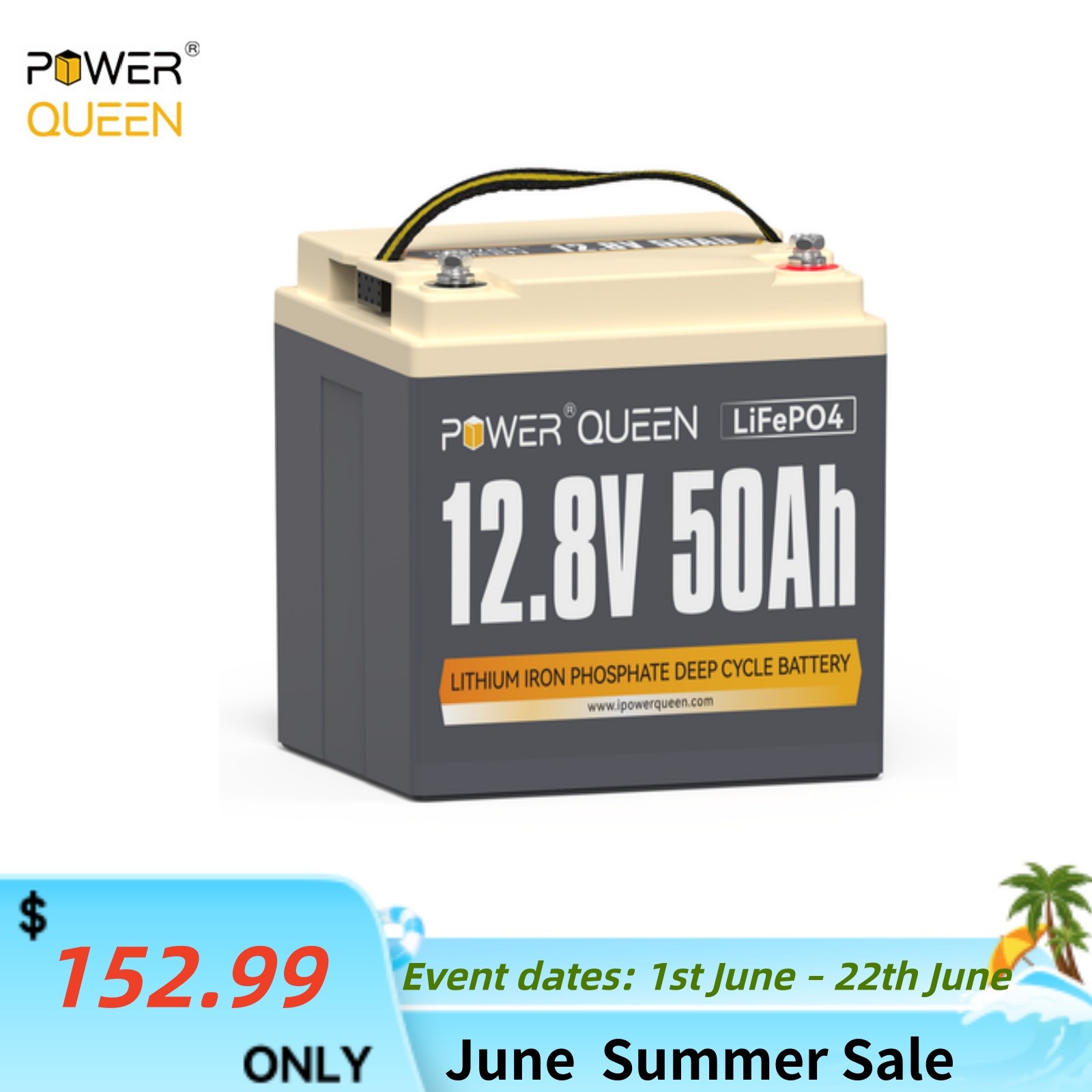 Power Queen 12V 50Ah LiFePO4 Lithium Mini Battery 50A BMS For RV Camper