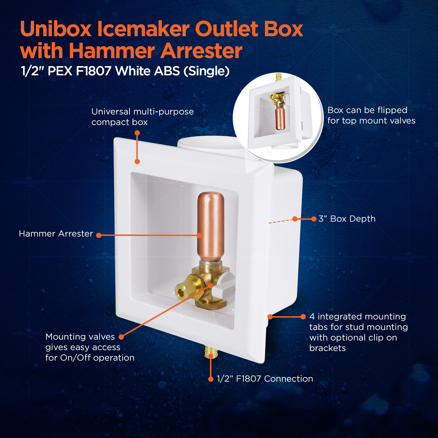 Icemaker Outlet Box w/ Hammer Arrester, Valve Nut 1/2”in PEX B White ABS Single