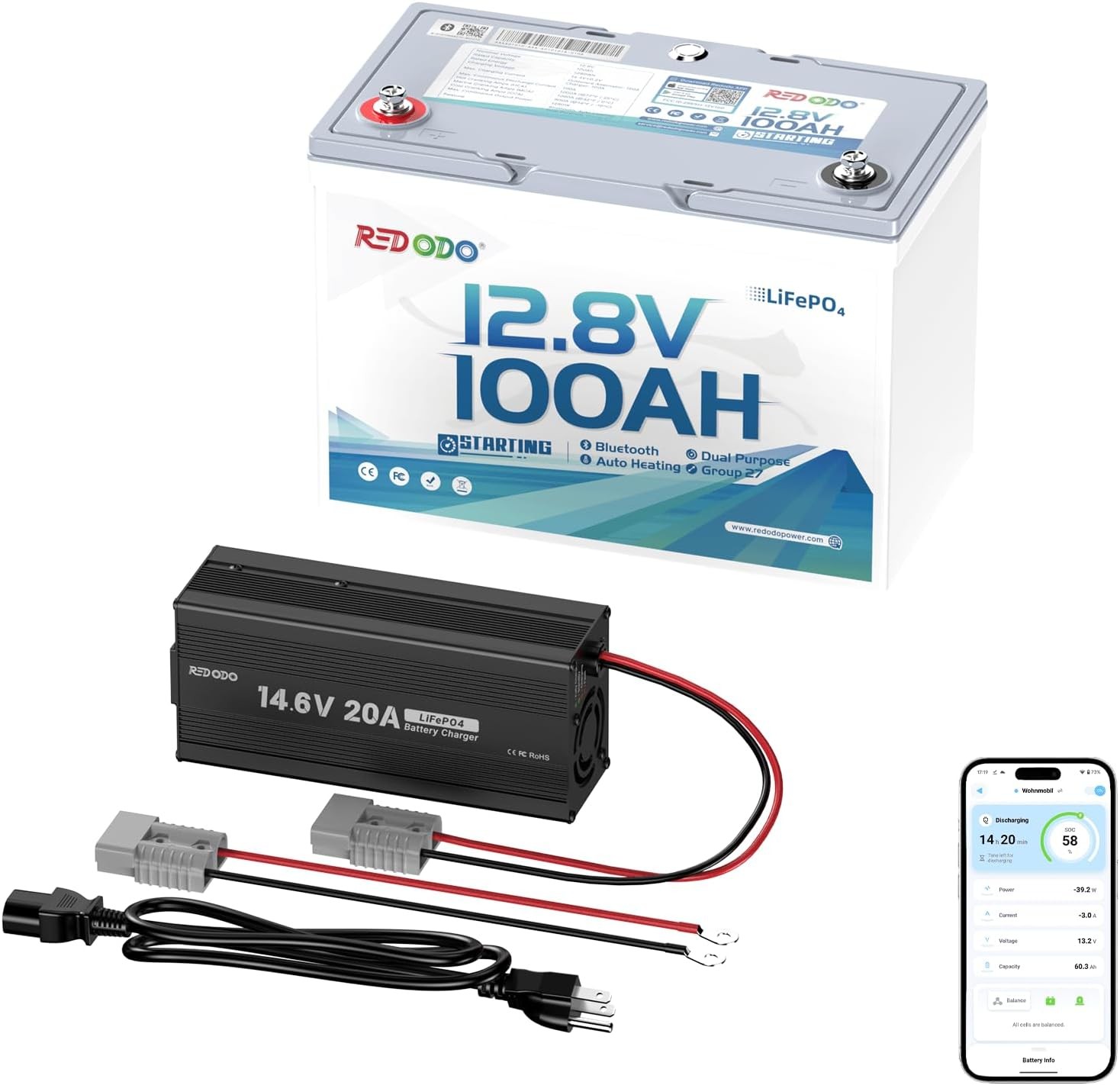 Redodo 12V 100Ah Bluetooth Lithium Battery 14.6V 20A Charger Dual-Purpose 900CCA