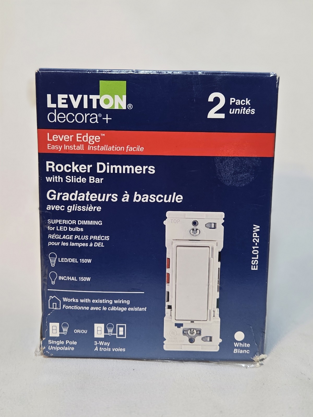 Leviton Decora Lever Edge ESL01-2PW (2 Pack) Push Click Rocker Dimmer Slide Bar