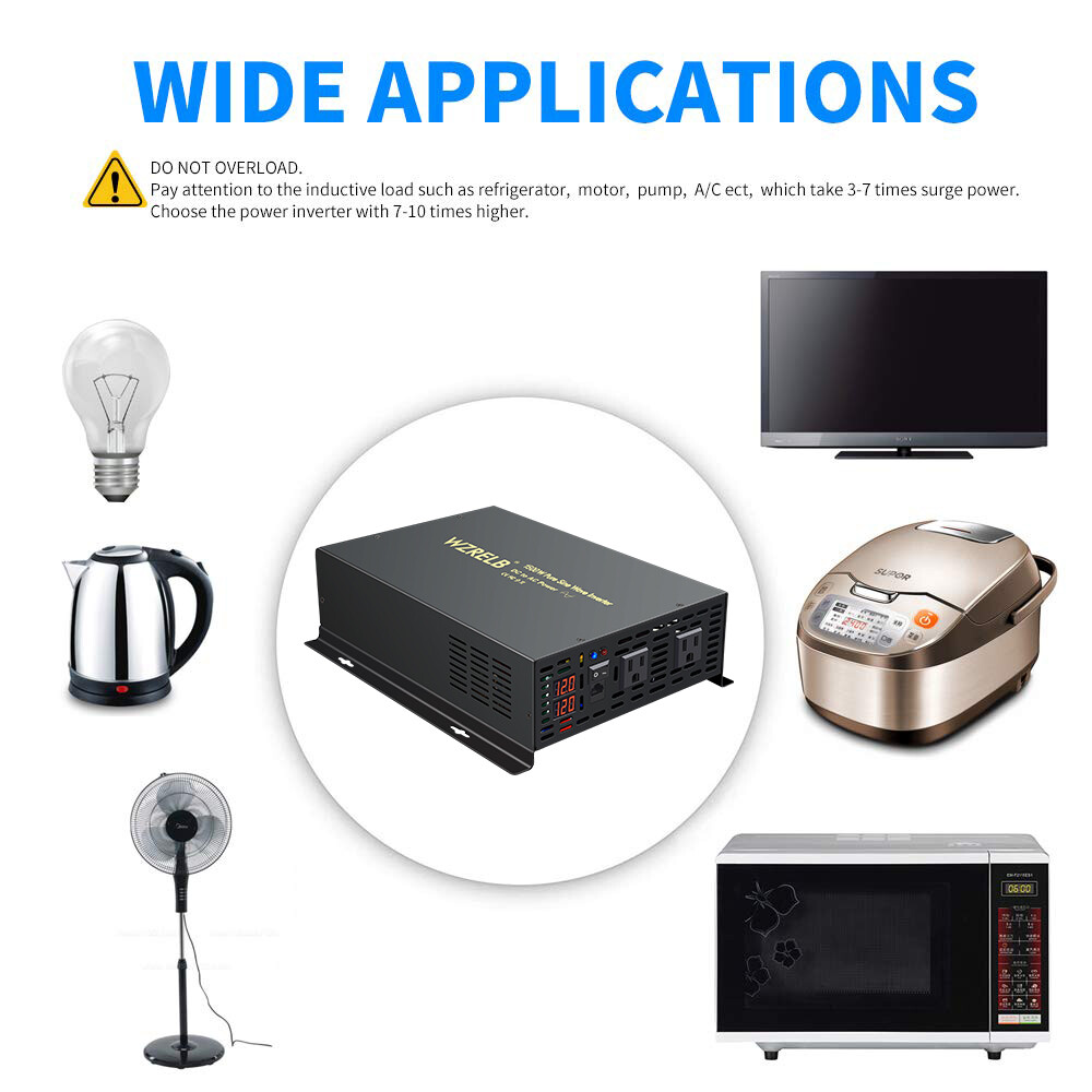 1500W Pure Sine Wave Inverter 12V DC to AC 120V Solar System Car Remote Control
