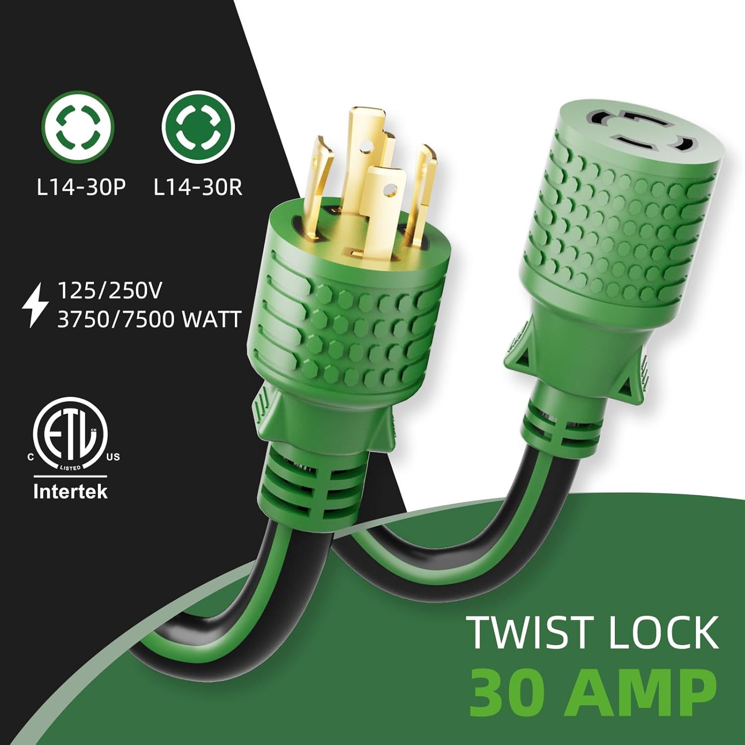 4 Prong 30 Amp Extension Generator Cord 50FT, NEMA L14-30P/L14-30R, 125/250 Volt