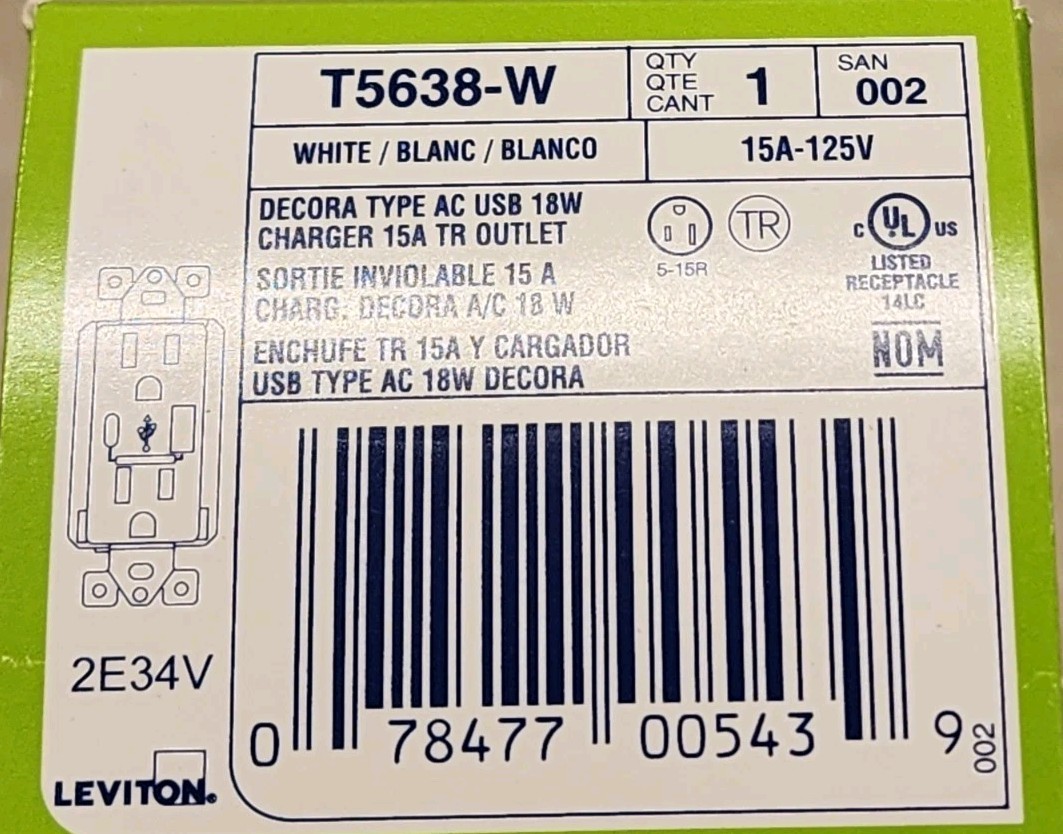 Leviton T5638-W: USB Type A & C In-Wall Charger Tamper Resistant Outlet in White