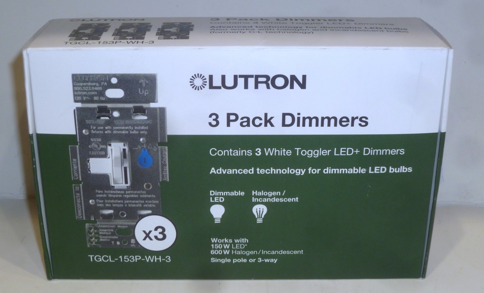 Lutron LED+ Dimmer Switch for Dimmable LED Bulbs TGCL-153P-WH-3 (3pk)