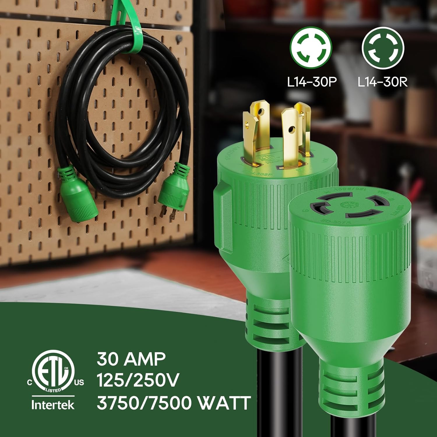 RVGUARD 4 Prong 30 Amp 75 Foot Generator Extension Cord, NEMA L14-30P/L14-30R, 1