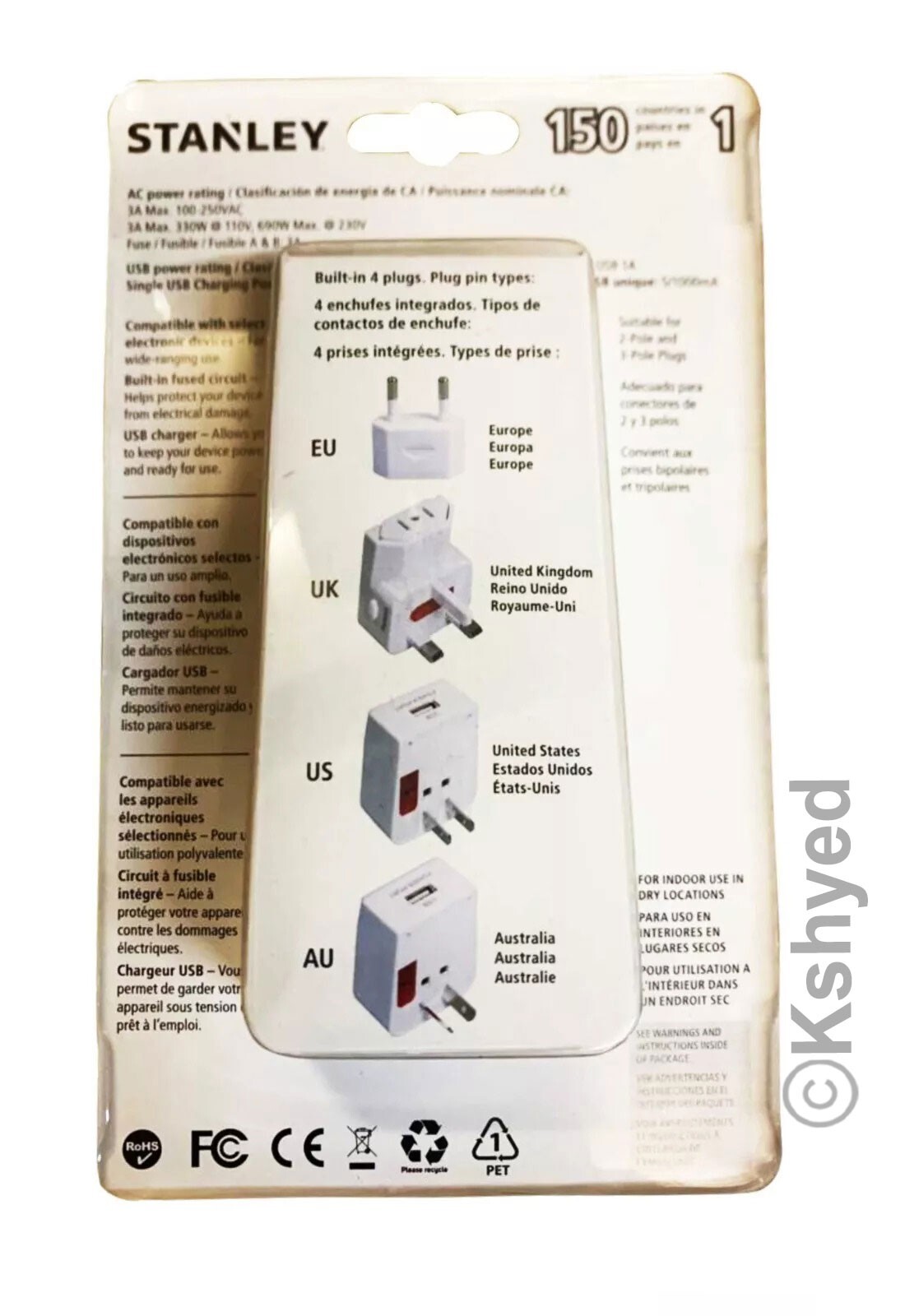 Stanley EU Euro to US USA Power Wall Plug Converter Travel Adapter-New-Free Ship