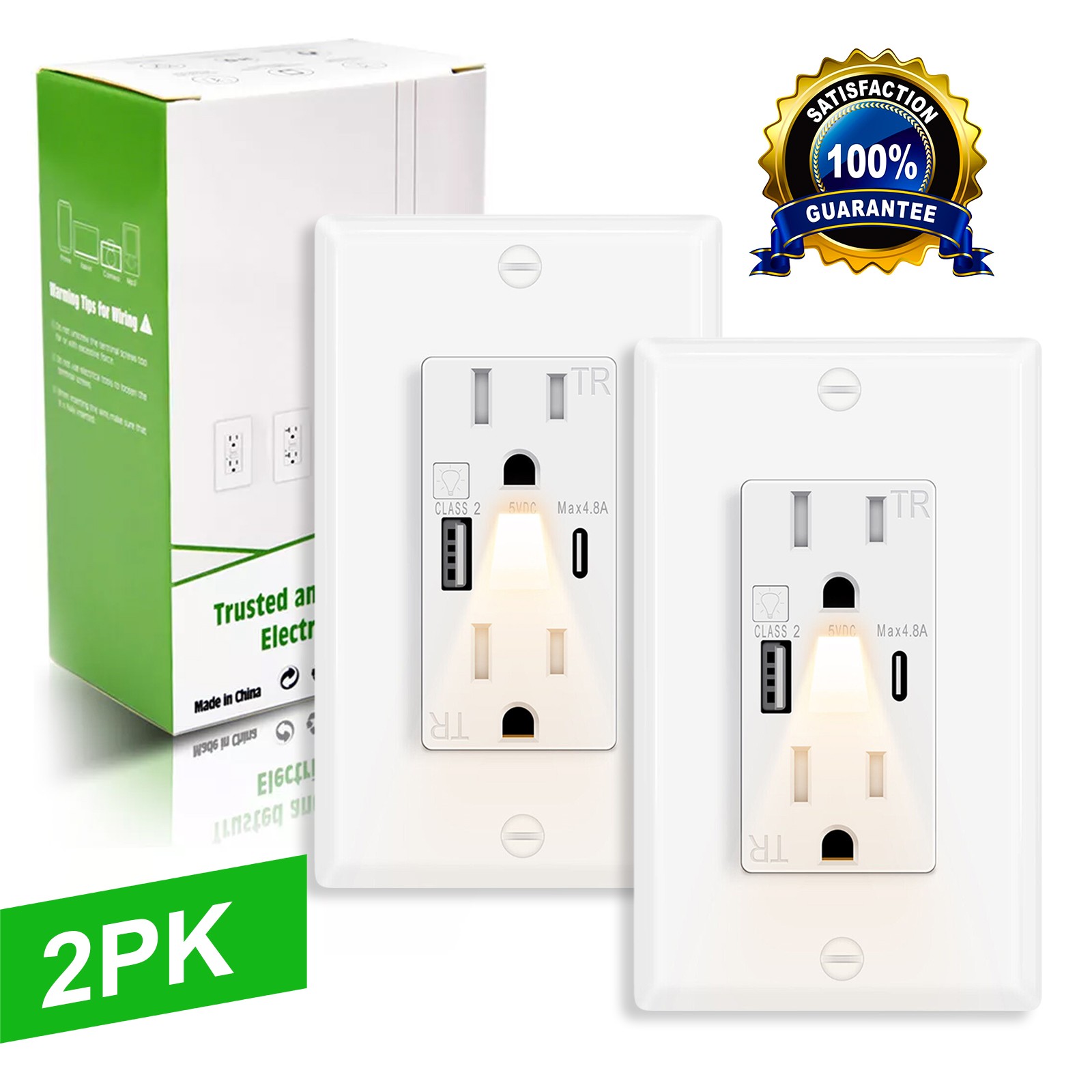 2PK USB Outlets with Night Lights USB A/C 24W Fast Charging 4.8A On/Off