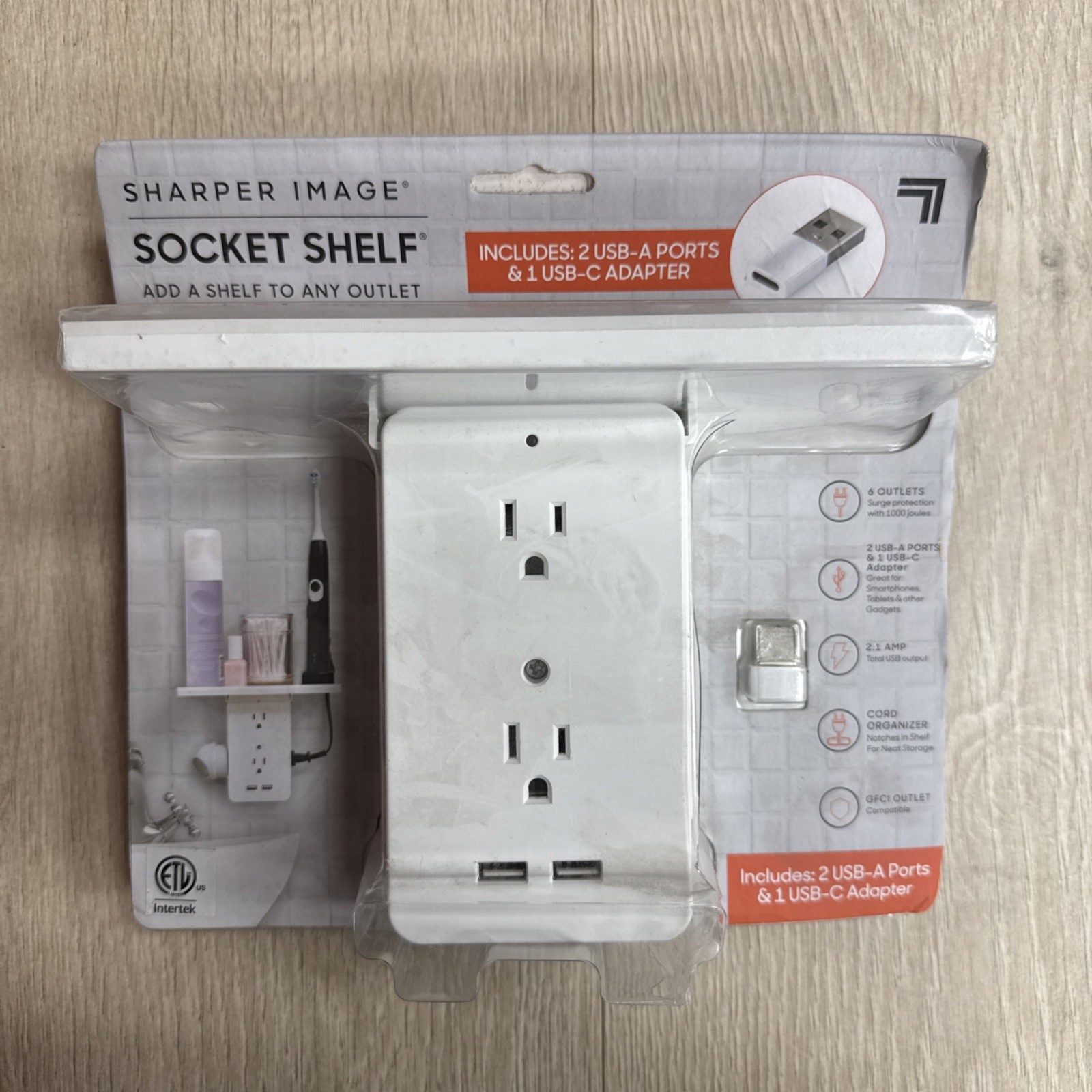Sharper Image 6-Outlet Cordless Wall Extender with 2USB Ports and 1-USBC Adapter