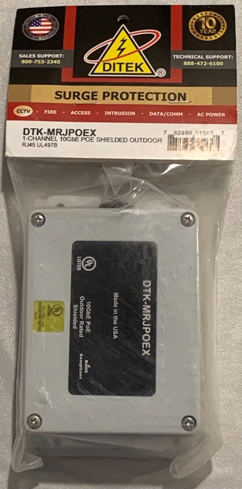 DITEK Surge Protection DTK-MRJPOEX 1-Channel 10GbE Shielded Outdoor RJ45