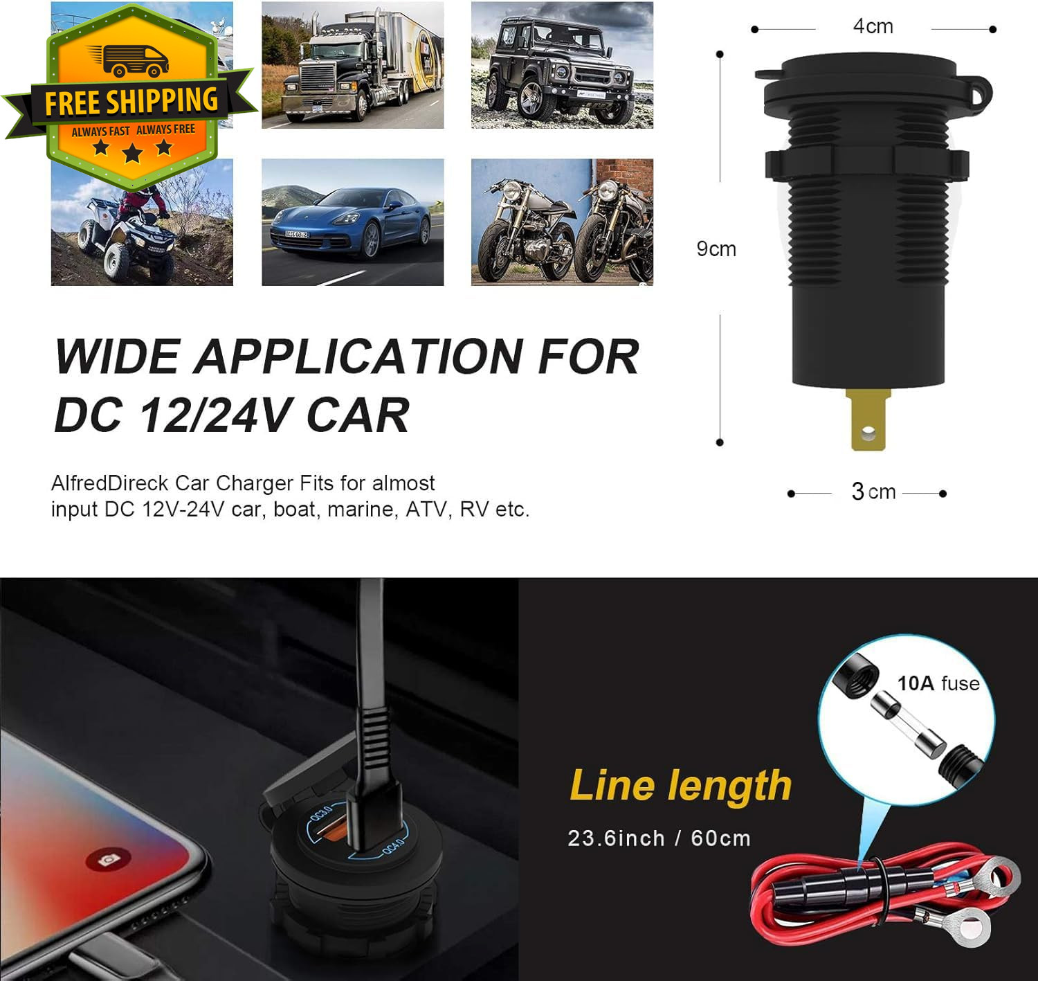12V USB C Car Charger Socket QC4.0 PD3.0 90W Waterproof LED Outlet