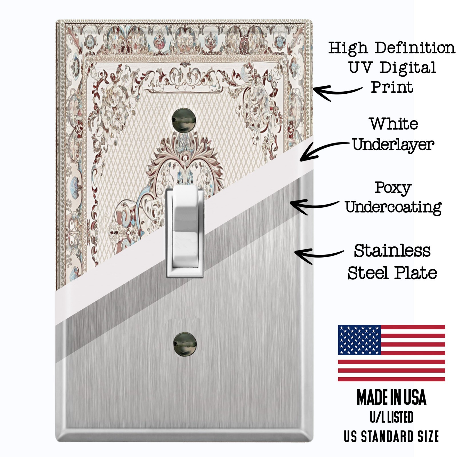 Metal Light Switch Outlet Cover Wall Plate White Elegant Floral Art FME151