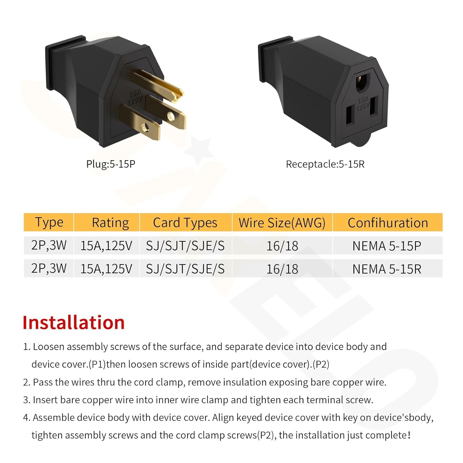 Extension Cord Ends 125V 15A 2Pole 3Wire Male Female Connectors Replacement