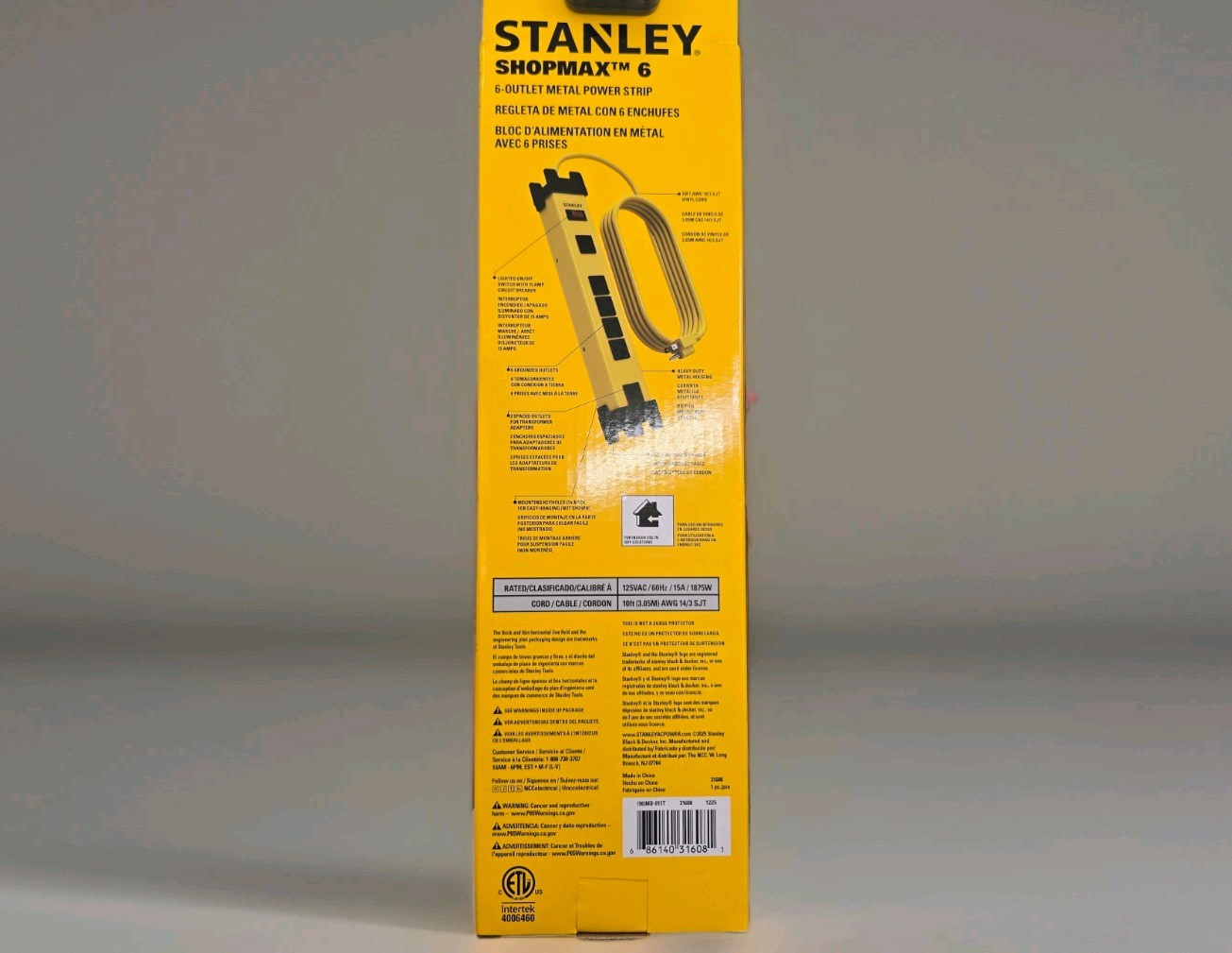 Stanley 31608 ShopMax 6-Outlet Metal Power Strip 10-Foot Yellow New