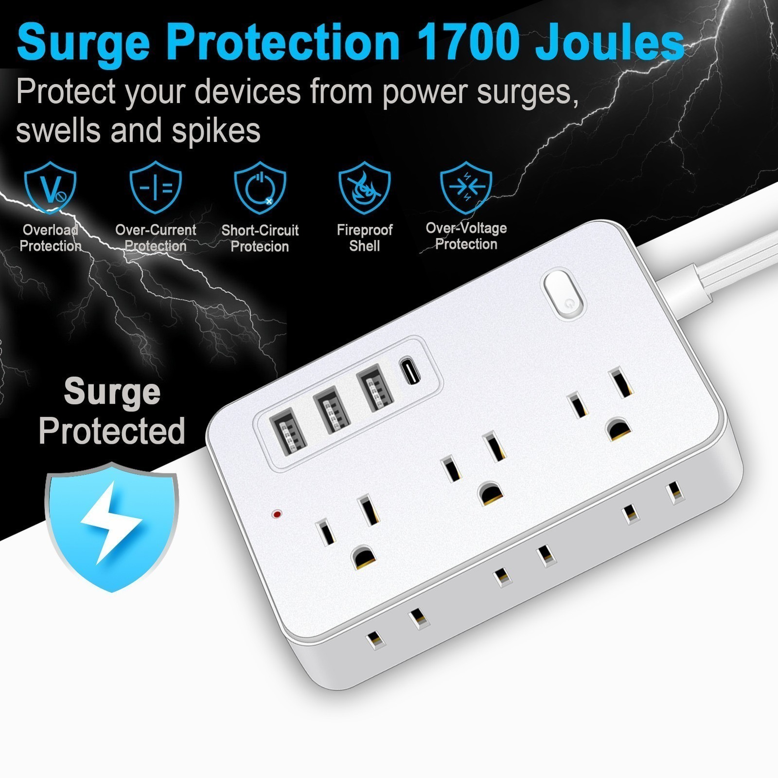 US Wall Power Strip Surge Protector 6/8 AC Outlets with 3 USB Ports +Type C Port