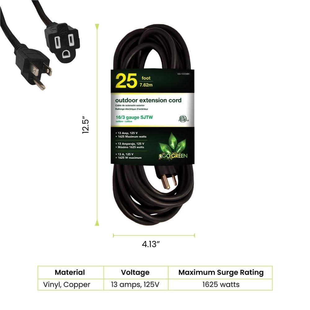 25 Ft Heavy Duty Extension Cord 16 Gauge 16/3 Outdoor Power Cord Black