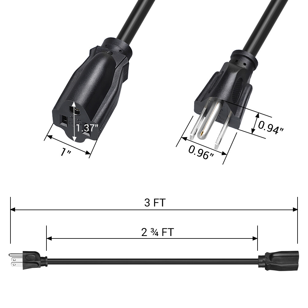 DEWENWILS 2 Pack 3 ft Extension Cord Power Cable 3 Prong Grounded Outlets Plugs