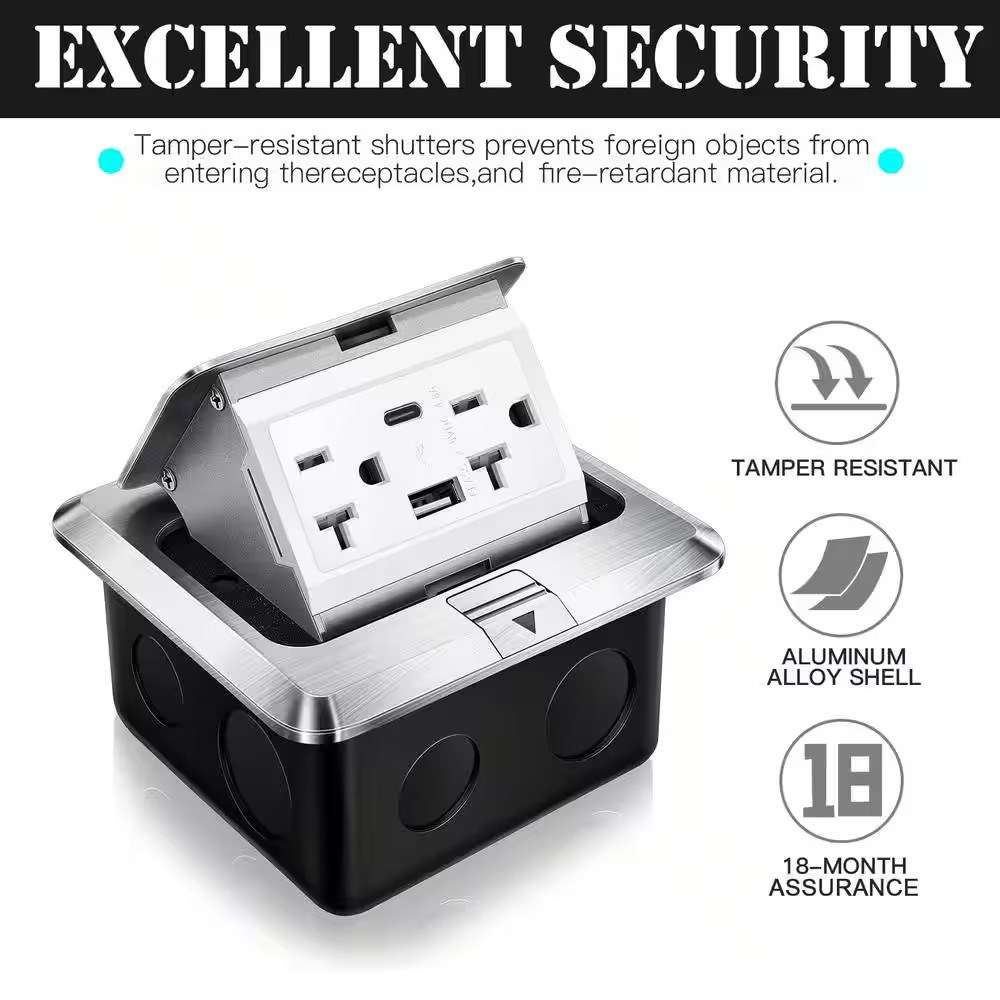 20 Amp 120-Volts Pop-Up Floor Electrical Outlet in Silver with USB Ports and Tam