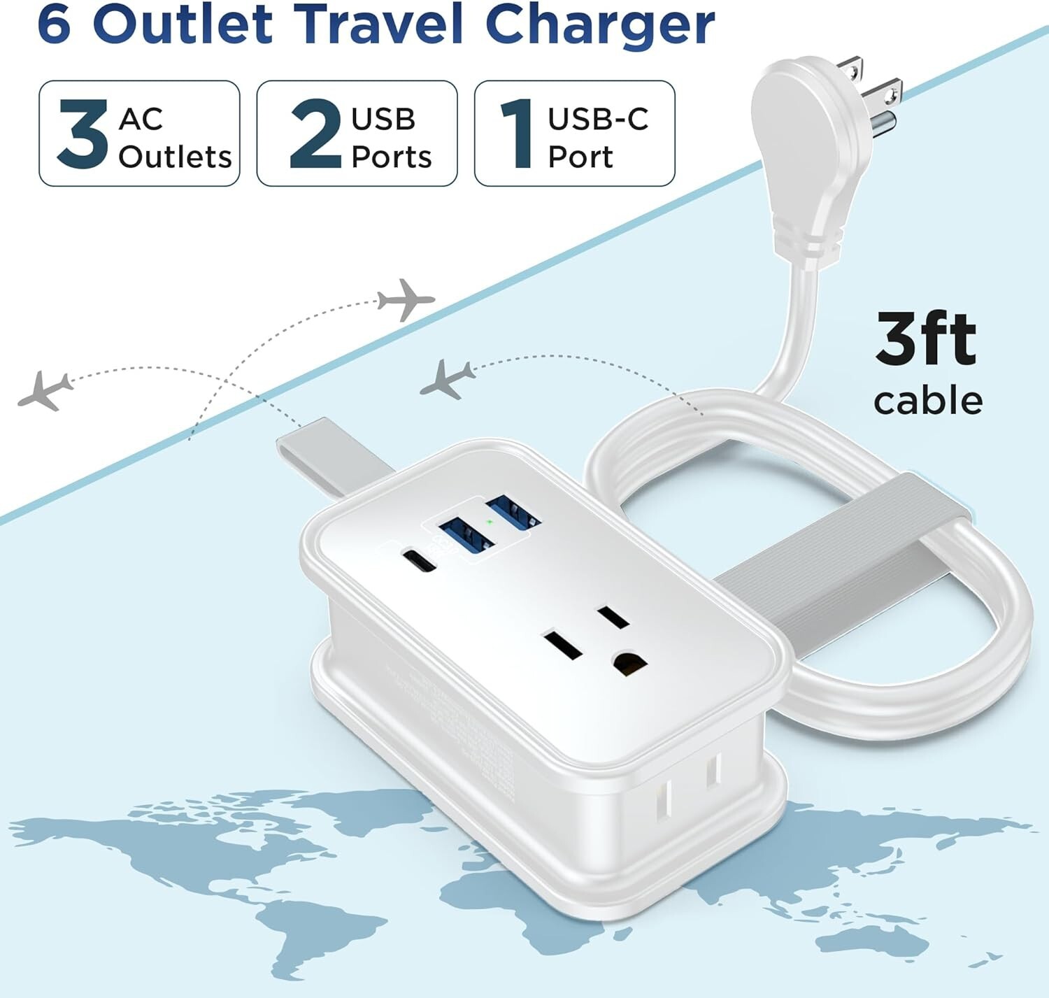Travel Charger Power Strip Charging 3x AC, 2x USB-A QC 3.0 18w, Fast USB-C 20w