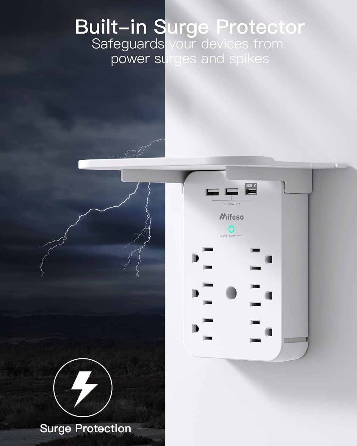 Multi-Plug Wall Outlet Extender with 490 Joules Surge Protection – Space Saver