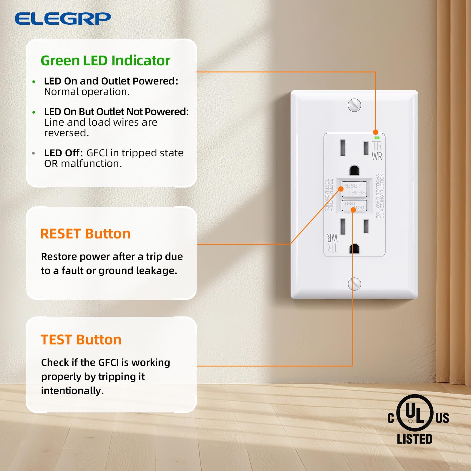 Elegrp Outdoor Gfci Outlet 15 Amp Self-Test Gfi Electrical Outlet Narrow Design