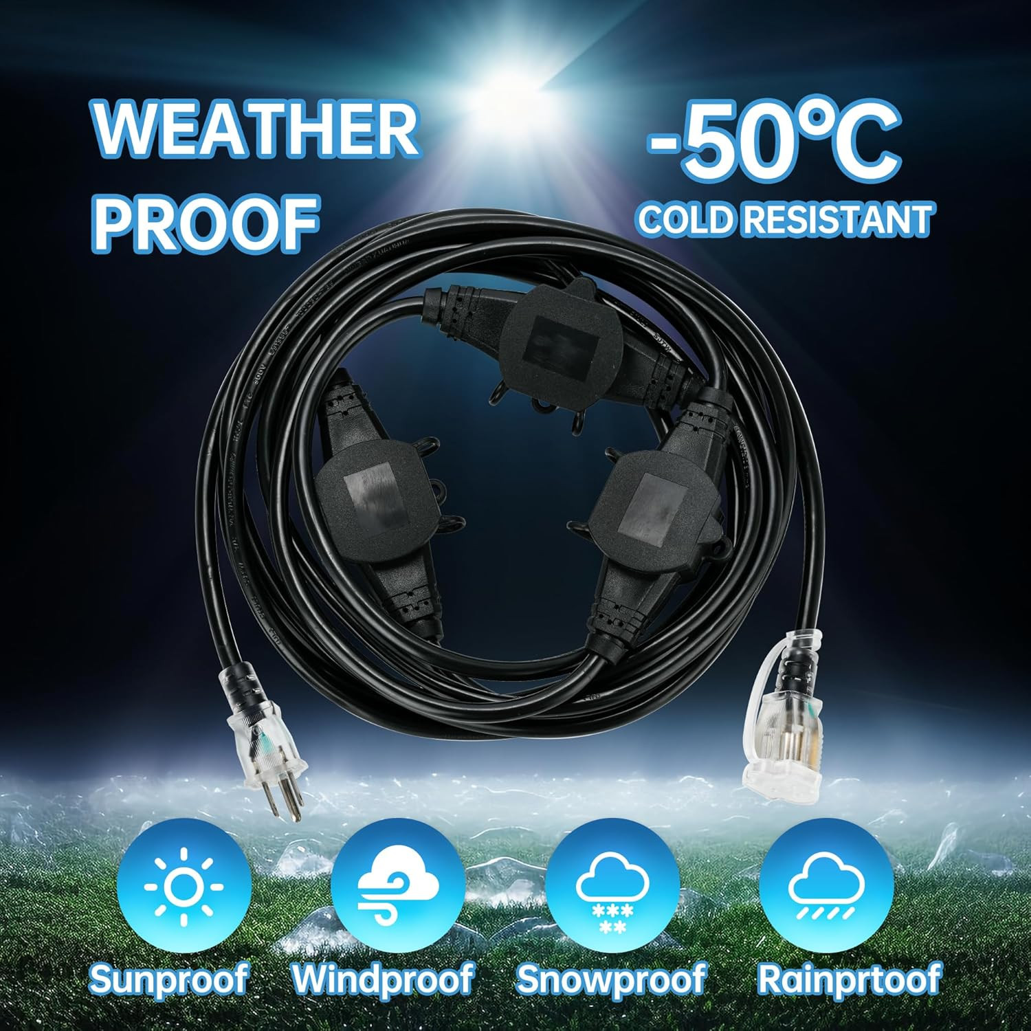 20FT 16 Gauge Multi-Outlet Outdoor Extension Cord, 4 Evenly Spaced Weatherproof
