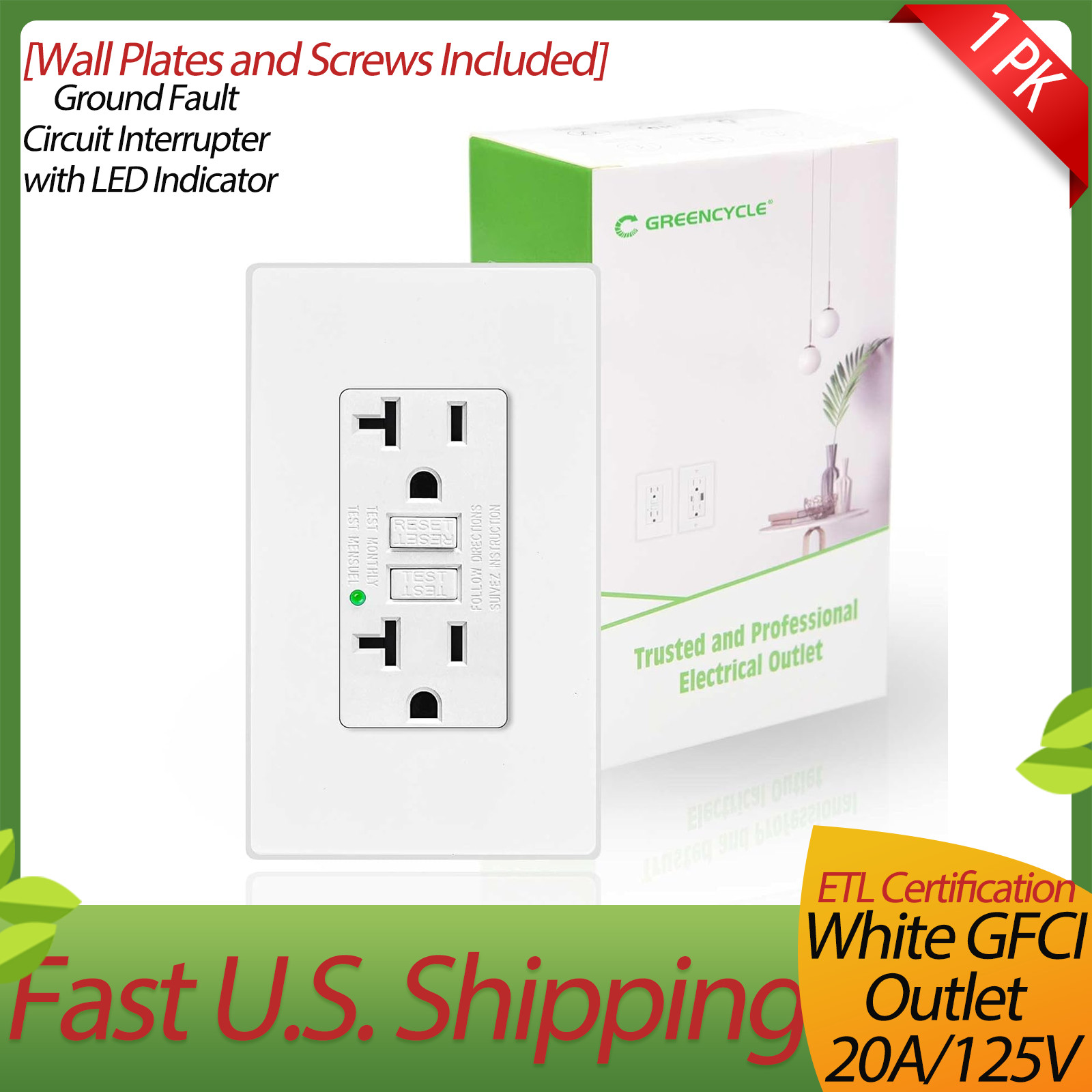 1 x Greencycle 20A Self Testing GFCI Outlet Hospital Grade,Residential Grade,ETL