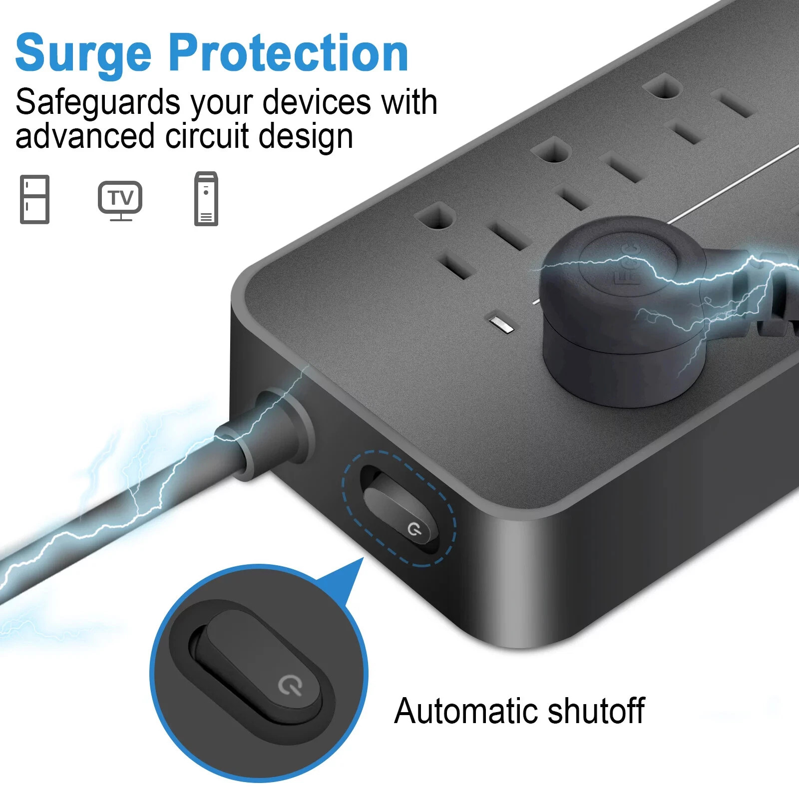 US Power Strip Surge Protector 8 AC Outlets 3 USB Ports + Type C Port 4 FT Cable