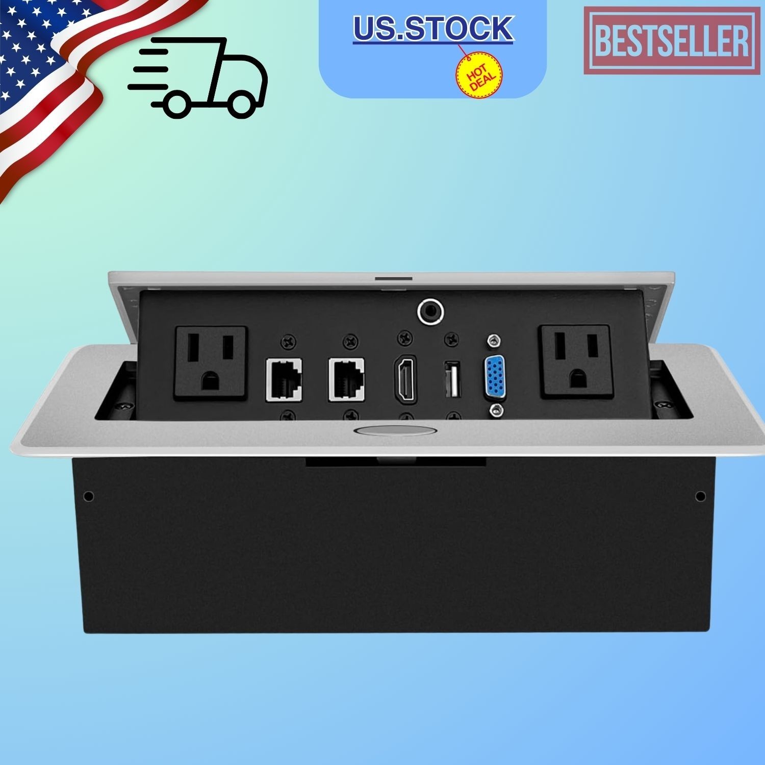 Pop Up Power Strip Desk Hub with Outlet Network HDMI Connection Box Silver