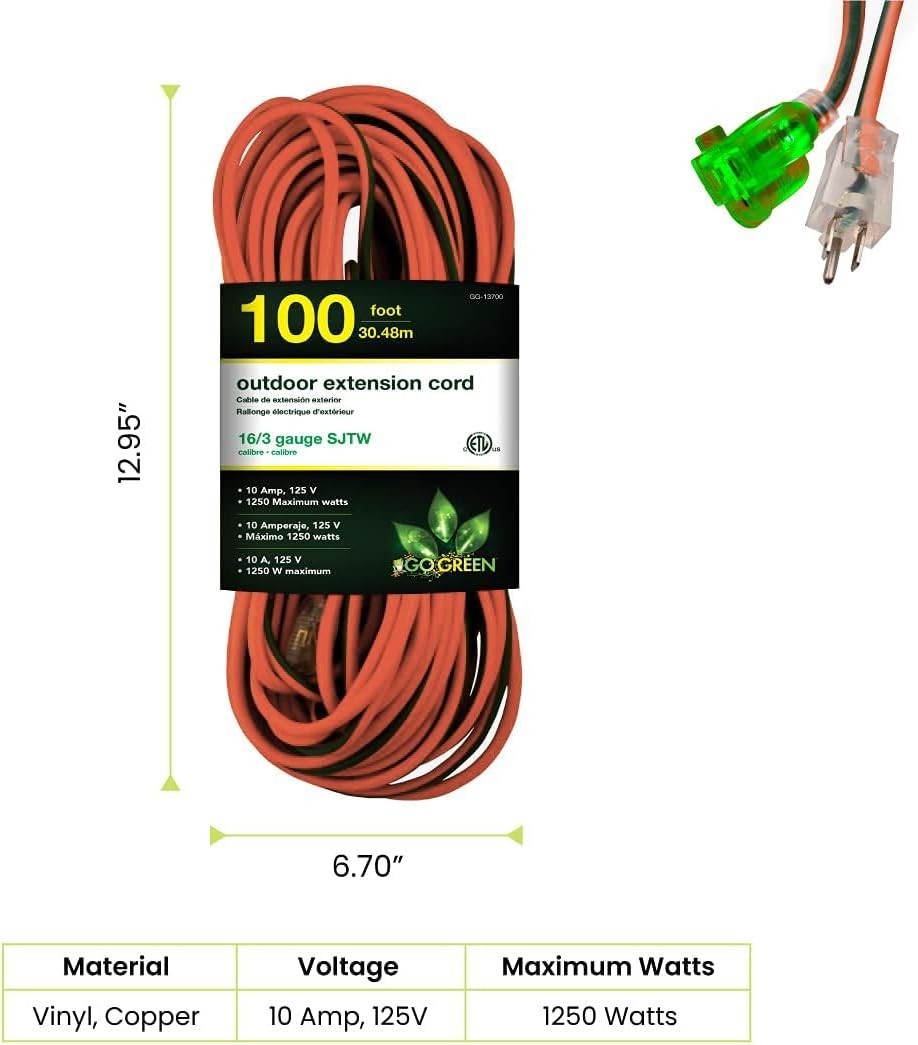 100ft Contractor Grade Outdoor Extension Cord – Moisture & Abrasion Resistant