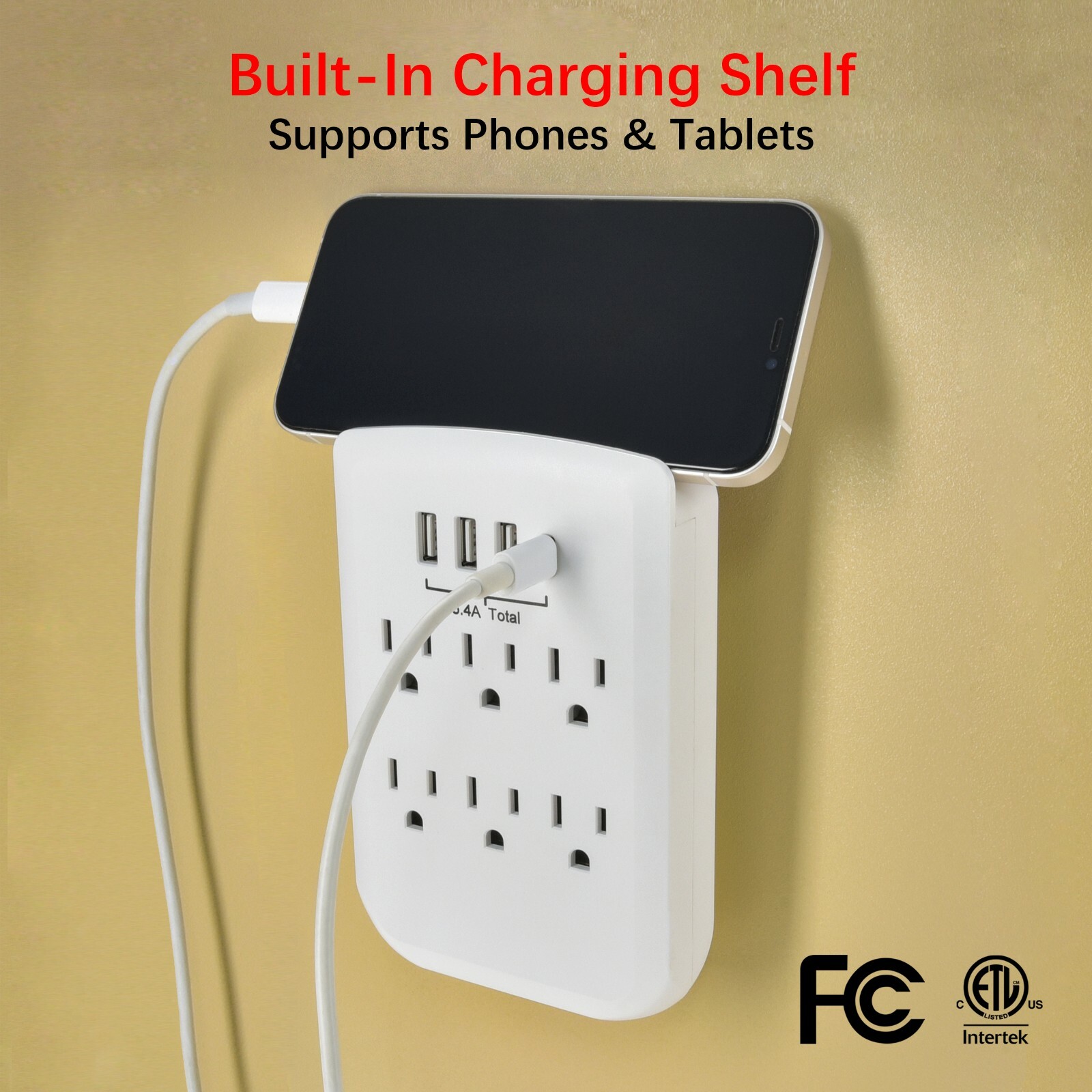 CP 6-outlet Wall-Tap w/ 3-Port USB-A & 1-Port USB-C Chargers, White, CP30007