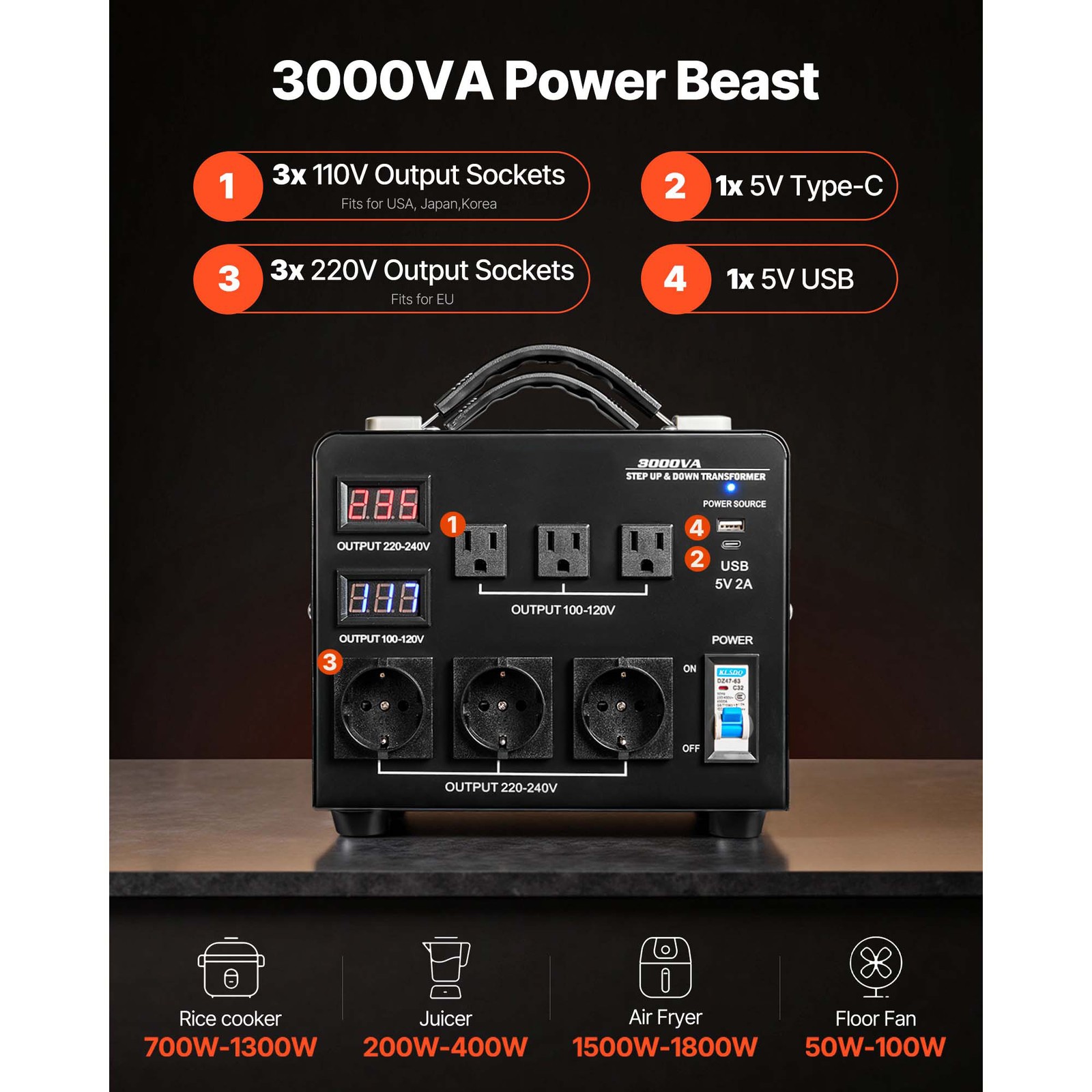 3000VA Automatic Voltage Converter Transformer for 110V to 220V & 220V to 110V