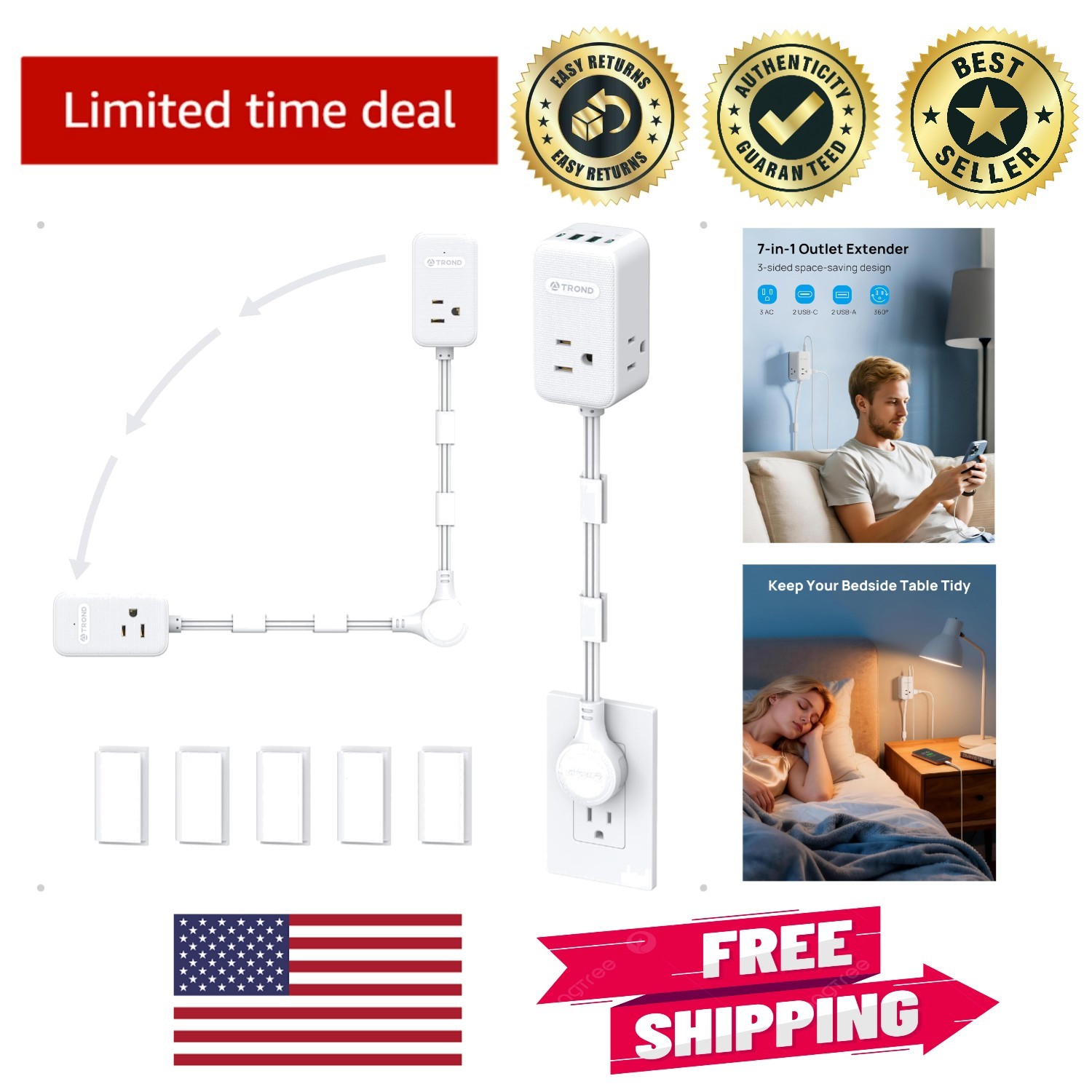 Effortless Access 3 AC Outlets & USB-C Port with Innovative 360° Plug Design