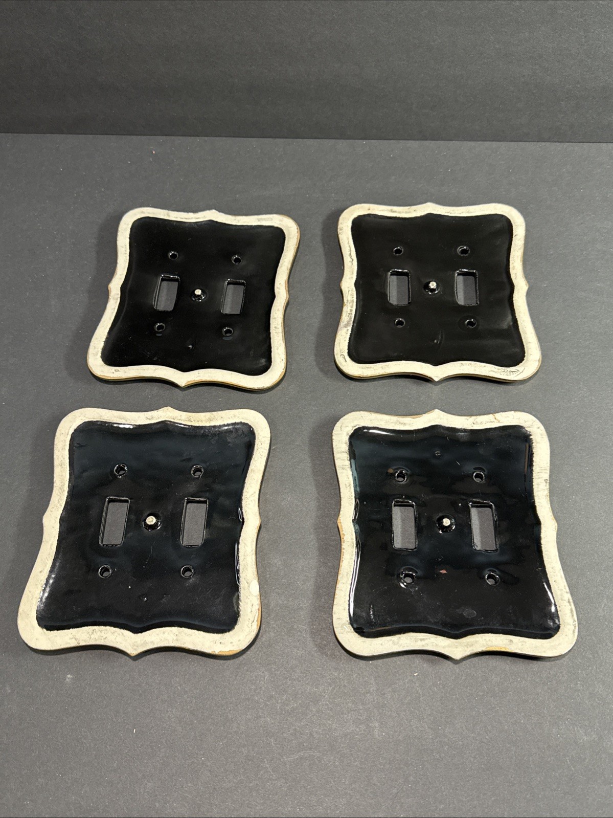 Vintage Reclaimed Porcelain Enamel Double Light Switch Covers Black & Gold X4